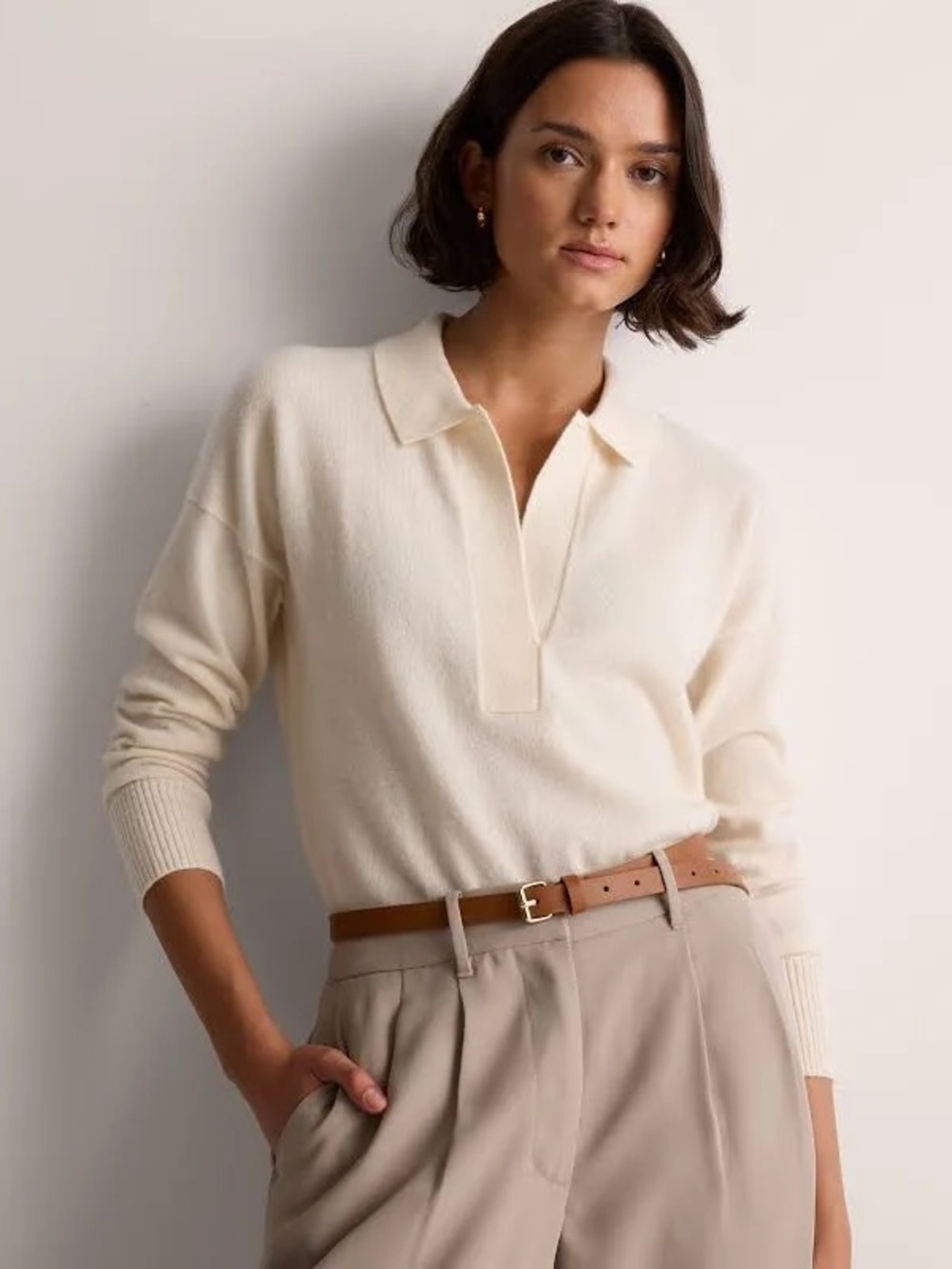 Quince Mongolian Cashmere Polo Sweater Quiet Luxury in Ivory - Size S - Picture 1 of 10